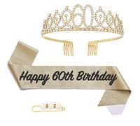 POPOYU Banda y tiara de reina de 60 cumpleaños, corona y banda de oro de 60 cumpleaños para ella, decoraciones de 60 cumpleaños para mujer, accesorios de fiesta, juego de disfraz de corona de