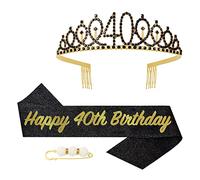 POPOYU Banda y Tiara de Reina de Cumpleaños 40 para Mujer, Corona y Banda de Cumpleaños 40 en Oro Negro para Ella, Accesorios de Fiesta de Decoraciones de Cumpleaños 40 para Mujer, Conjunto de Vestido