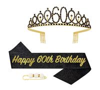 POPOYU Banda y Tiara de Reina de Cumpleaños 60 para Mujeres, Corona y Banda de Cumpleaños 60 en Oro Negro para Ella, Accesorios de Fiesta de Decoraciones de Cumpleaños 60 para Mujeres, Conjunto de