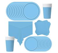 POPOYU Juego de 69 piezas de vajilla de papel para fiesta, color azul bebé, platos de papel para fiesta, mantel, tazas y servilletas, juego de vajilla para niños, cumpleaños, Navidad, Pascua, baby