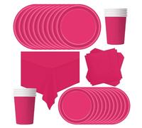 POPOYU Juego de 69 piezas de vajilla de papel rosa intenso para fiesta, platos de papel rosa para fiesta, mantel de papel, vasos y servilletas para rosa, fiesta de cumpleaños de princesa, suministros