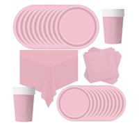POPOYU Juego de 69 piezas de vajilla de papel rosa para fiesta, platos de papel para fiesta, mantel, vasos de papel y servilletas, juego de vajilla para cumpleaños, boda, fiesta de baby shower