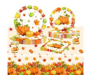 POPOYU Juego de vajilla de fiesta otoño, juego de vajilla de decoración de mesa con mantel 137 x 274 cm, servilletas, vasos de papel y platos para otoño Acción de