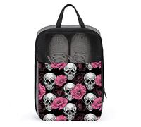 Poppy Flower Sugar Skull Pink Shoe Bag with Zipper & Handle, Waterproof Breathable Portable