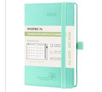 POPRUN Agenda 2025 2026 Mensual Pequeña 16 x 10,5 cm, 18 Meses de Jul.2025 a Dic.2026, Tapa Blanda, Banda Elástica, 100 GSM Papel, Verde