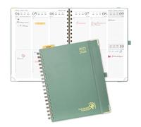 POPRUN Agenda 2025 2026 Semana Vista 25,5 x 20,5 cm, Tapa Dura 17 Meses Semanal de Ago.2025 a Dic.2026, Regla de Plástico, 80 GSM Papel, Verde Medianoche