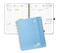 POPRUN Agenda 2025 2026 Semana Vista 25,5 x 20,5 cm, Tapa Dura 17 Meses Semanal de Ago.2025 a Dic.2026, Regla de Plástico, 80 GSM Papel, Azul Neblina