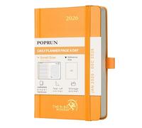 POPRUN Agenda 2026 Dia Por Pagina, Pequeña Diaria 12 Meses 16 x 10,5 cm con Tapa Dura, Banda Elástica, 80 GSM Papel EU, Anaranjado