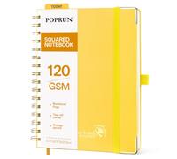 POPRUN Cuaderno A5 Cuadriculado con Espiral Libreta Bonita Amarillo Claro | 120g/m² 141 Páginas Cuadernos de Notas con Pestañas de Indice, Bolsillo, Diario para Viaje Dibujo Escribir, 15 x 21.5cm