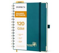 POPRUN Cuaderno A5 Cuadriculado con Espiral Libreta Bonita, Verde Pacífico | 120g/m² 141 Páginas Cuadernos de Notas con Pestañas de Indice, Bolsillo, Diario para Viaje Dibujo Escribir, 15 x 21.5cm