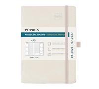 POPRUN Cuaderno del Profesor 2026 2027 A5 21,5x15,3cm-Agenda Docente 26/27 Semana Vista con Pestaña Mensual de Ago.2026 a Jul.2027. Cubierta Rígida de PU y Papel Grueso de 90 g/m², Beige