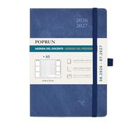 POPRUN Cuaderno del Profesor 2026 2027 A5 - Agenda Docente 26/27 Semana Vista con Pestaña Mensual de Ago.2026 a Jul.2027. Cubierta Rígida de PU y Papel Grueso de 90 g/m², Azul Onix