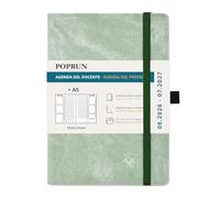 POPRUN Cuaderno del Profesor 2026 2027 A5 - Agenda Docente 26/27 Semana Vista con Pestaña Mensual de Ago.2026 a Jul.2027. Cubierta Rígida de PU y Papel Grueso de 90 g/m², Verde Oliva