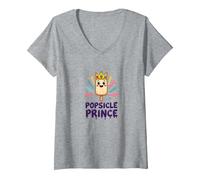 Popsicle Prince: Lindo Dibujo Animado de Helado Real Camiseta Cuello V, Mujer, Gris Jaspeado, XL
