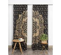 Popular Handicrafts - Cortina de Paneles con diseño de Mandala en Color Degradado pasión, Estilo Hippie Bohemio Indio, Color Negro y Dorado