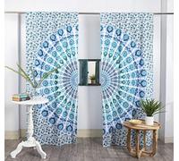 Popular Handicrafts Paneles de Cortina para Ventana, diseño de Mandala de Pavo Real, Estilo Hippie Indio Bohemio, Color Blanco y Azul