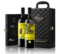 «Por cierto llevo la sonrisa que me regalaste» Mensaje en una Botella. Estuche-Maletín de LUJO 2x Vino Tinto Premium Reserva 12 Meses y Set de 4 Accesorios. Etiqueta Amarilla PERSONALIZABLE