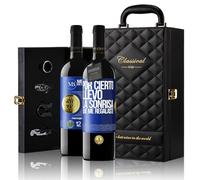 «Por cierto llevo la sonrisa que me regalaste» Mensaje en una Botella. Estuche-Maletín de LUJO 2x Vino Tinto Premium Reserva 12 Meses y Set de 4 Accesorios. Etiqueta Azul PERSONALIZABLE