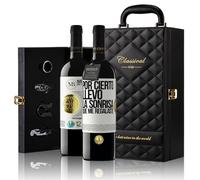 «Por cierto llevo la sonrisa que me regalaste» Mensaje en una Botella. Estuche-Maletín de LUJO 2x Vino Tinto Premium Reserva 12 Meses y Set de 4 Accesorios. Etiqueta Blanca PERSONALIZABLE