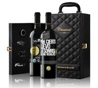 «Por cierto llevo la sonrisa que me regalaste» Mensaje en una Botella. Estuche-Maletín de LUJO 2x Vino Tinto Premium Reserva 12 Meses y Set de 4 Accesorios. Etiqueta Negra PERSONALIZABLE