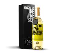 «Por cierto llevo la sonrisa que me regalaste» Mensaje en una Botella. Vino Blanco Premium Verdejo Joven + Gift Box. Etiqueta Amarilla PERSONALIZABLE
