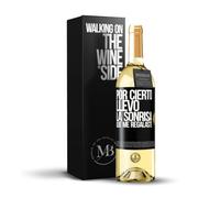 «Por cierto llevo la sonrisa que me regalaste» Mensaje en una Botella. Vino Blanco Premium Verdejo Joven + Gift Box. Etiqueta Negra PERSONALIZABLE