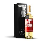 «Por cierto llevo la sonrisa que me regalaste» Mensaje en una Botella. Vino Blanco Premium Verdejo Joven + Gift Box. Etiqueta Roja PERSONALIZABLE