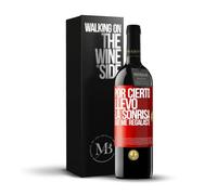 «Por cierto llevo la sonrisa que me regalaste» Mensaje en una Botella. Vino Tinto Premium Reserva 12 Meses + Gift Box. Etiqueta Roja PERSONALIZABLE