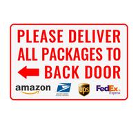 Por favor, entregue todos los paquetes en la puerta trasera. Flecha izquierda - Letrero de entrega Bestylez para uso exterior, 30 x 20 cm (147)