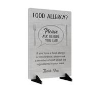 Por favor, pregunta antes de comer, señal de advertencia de alergia e intolerancia a los alimentos. Tamaño A4, se suministra con soporte de madera. Muestra este aviso del cliente en tu establecimiento de alimentos. (efecto madera blanca)