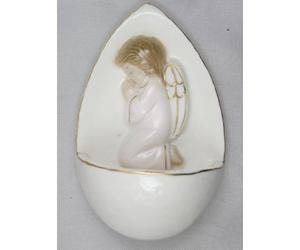 Porcelana - Weihkessel Pila de agua bendita con ángel rezando borde de oro rosa 10,5 cm
