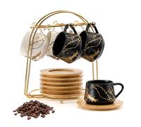 PORCER 6 tazas de café de cerámica de 130 ml y platillo de madera con juegos de soporte de metal dorado, capuchino apilable, tazas de espresso para bebidas de café especiales, latte, americano, té