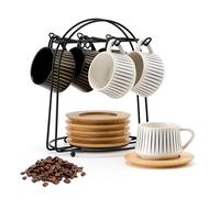 PORCER 6 tazas de café de cerámica de 130 ml y platillo de madera con soporte de metal negro, apilables, tazas para cappuccino, espresso, para bebidas especiales, leche, americano, té, elegante motivo