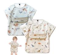 PORFOYO 2 baberos de destete con mangas cortas, baberos para bebé, impermeables, lavables, con bolsillo recogemigas, ajuste cómodo, para bebés de 5 meses a 3 años