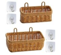 PORFOYO 2 cestas de almacenamiento trenzadas, cesta colgante trenzada, organizador de pared de ratán, cesta colgante, cesta de mimbre para la decoración de salones, dormitorios y oficinas, amarillo