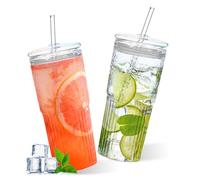 Porfoyo - 2 piezas de vidrio con tapa y pajita (600 ml, vaso de cristal, con paja, tazas de agua, taza de batido, taza de té de burbujas para café helado, jugo, batido, té transparente