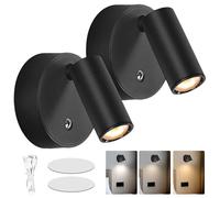 PORFOYO 2 piezas lámpara de pared LED interior, lámpara de pared recargable por USB con 3 modos de color, regulable sin cojinete, giratoria de 360°, lámpara de lectura de pared, lámpara de noche LED