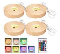 PORFOYO 4 unidades de zócalos LED de madera, base redonda con luz multicolor, base de luz LED para vidrio acrílico, bloque de cristal, resina, base de pantalla iluminada por USB para decoración