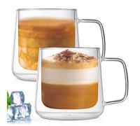 PORFOYO 400ml Tazas de Cafe Cristal, Juego de 2 Tazas de vidrio de doble pared con Asa, Vasos Doble Pared Cristal para Café Leche Té Latte Macchiato y Más