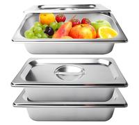 PORFOYO Bandeja Gastro Inox, juego de 3 recipientes gourmet de acero inoxidable con tapas, plato de acero inoxidable con tapa, plato de acero inoxidable 32,5 x 17,6 x 6,5 cm GN 1/3 para empanado