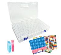 PORFOYO Caja de almacenamiento para pintura de diamantes, 136 unidades, caja de accesorios para pintura de diamantes, con etiquetas de colores, bandeja de cuentas de plástico, cepillo, accesorios para