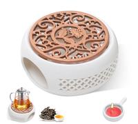 PORFOYO Calientaplatos de cerámica con portavelas, diseño tallado hueco, calentador de café, calentador de tetera para café, té y leche