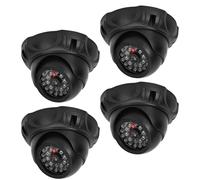PORFOYO Cámara falsa, 4 cámaras falsas de vigilancia, LED parpadeantes, rojas, giratorias 360°, para interior y exterior, incluye señales de advertencia CCTV