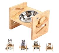 Porfoyo Comedero Elevado para Perros y Gatos, Ajustable, Acero Inoxidable, 4 Alturas, Madera Ecológica