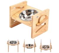 PORFOYO Cuenco Elevado Ajustable para Perros, Acero Inoxidable 304, 4 Alturas, 300 ml, Madera de Bambú Natural, para Perros Pequeños