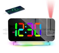 PORFOYO Despertador con proyección, reloj despertador con proyección LED RGB, reloj de espejo con 10 colores de luz nocturna y proyector giratorio de 180°, despertador digital con USB-C, para