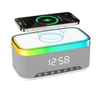 PORFOYO Despertador digital, despertador con estación de carga, radio reloj despertador digital con altavoz Bluetooth, 6 colores, luz nocturna, 15 W, cargador inalámbrico para iPhone Samsung