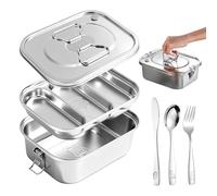 PORFOYO Fiambrera de acero inoxidable 304, fiambrera con compartimentos, 1800 ml, mango de válvula hermético, fiambrera a prueba de fugas, incluye juego de cubiertos para niños (tenedor/cuchillo