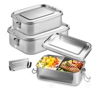 PORFOYO Fiambrera de acero inoxidable, paquete de 3, a prueba de fugas y apilable, con compartimentos y anillo de sellado, 2400 ml, 1400 ml y 850 ml, plateado