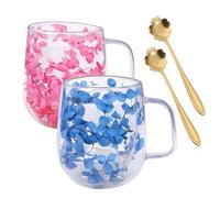 PORFOYO Juego De 2 350 ML Tazas De Café De Vidrio De Flores Secas,Vaso Doble Pared Con Cuchara,Vasos Doble Pared Transparente,Taza De Café De Dobles Pareds Para Té,Cerveza,Café Helado,Leche,Azul+Rosa